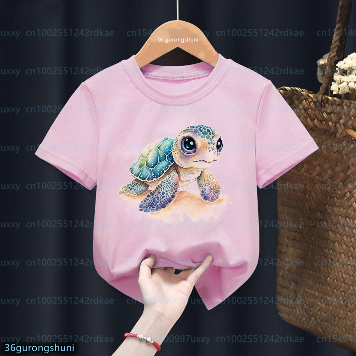 Kawaii Girls tshirt Interesting Marine Life Turtle Animal Print T shirt Kids Cute girls Clothing Summer Pink Tshirt Wholesale 100