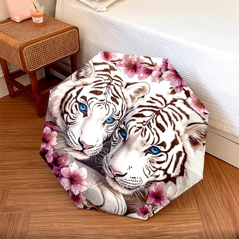 1 PC Automatic Folding Umbrella - White Tiger Pattern, Portable & Foldable Design with 8 Ribs, Christmas Birthday Gifts