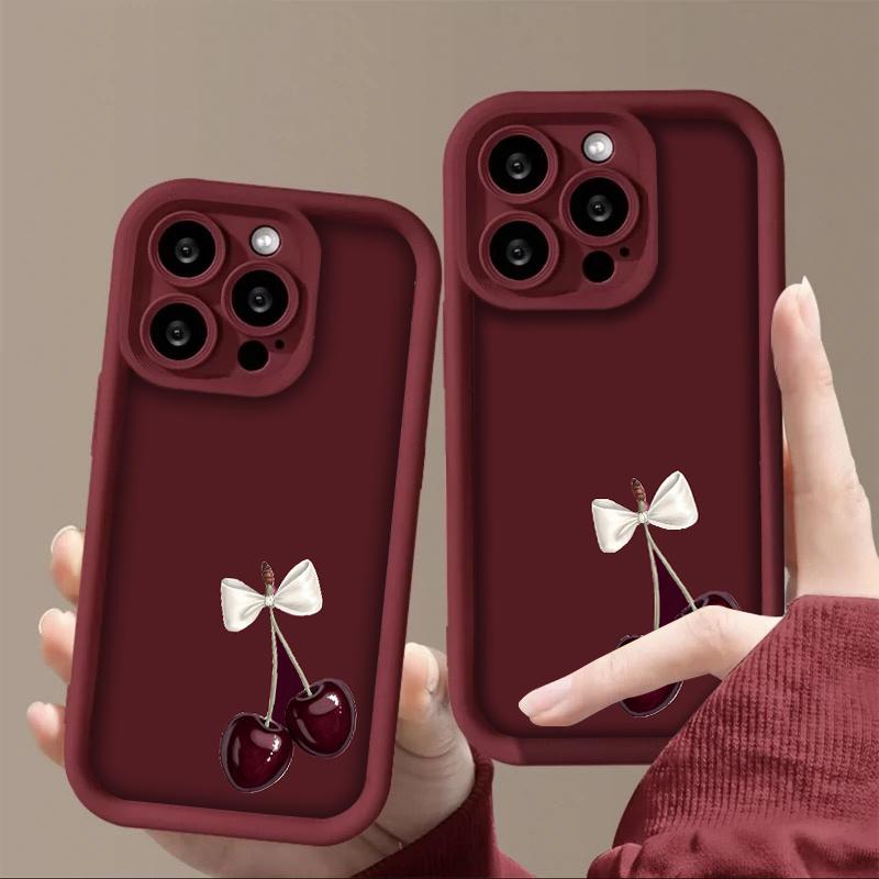 Wine Red Cherry Pattern Phone Case Suitable for iPhone 17 16 15 14 13 12 11 Pro/Max/Plus Anti Drop and Shockproof Back Cover