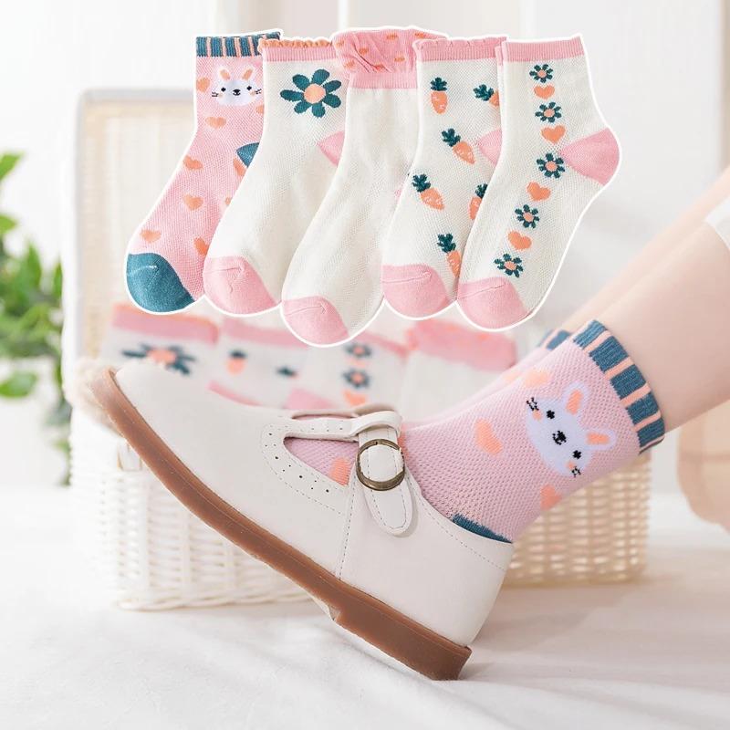 5 pairs of girls socks, summer new mesh thin socks, mid-calf socks, soft, breathable, non-stuffy feet XS(1-3Y)