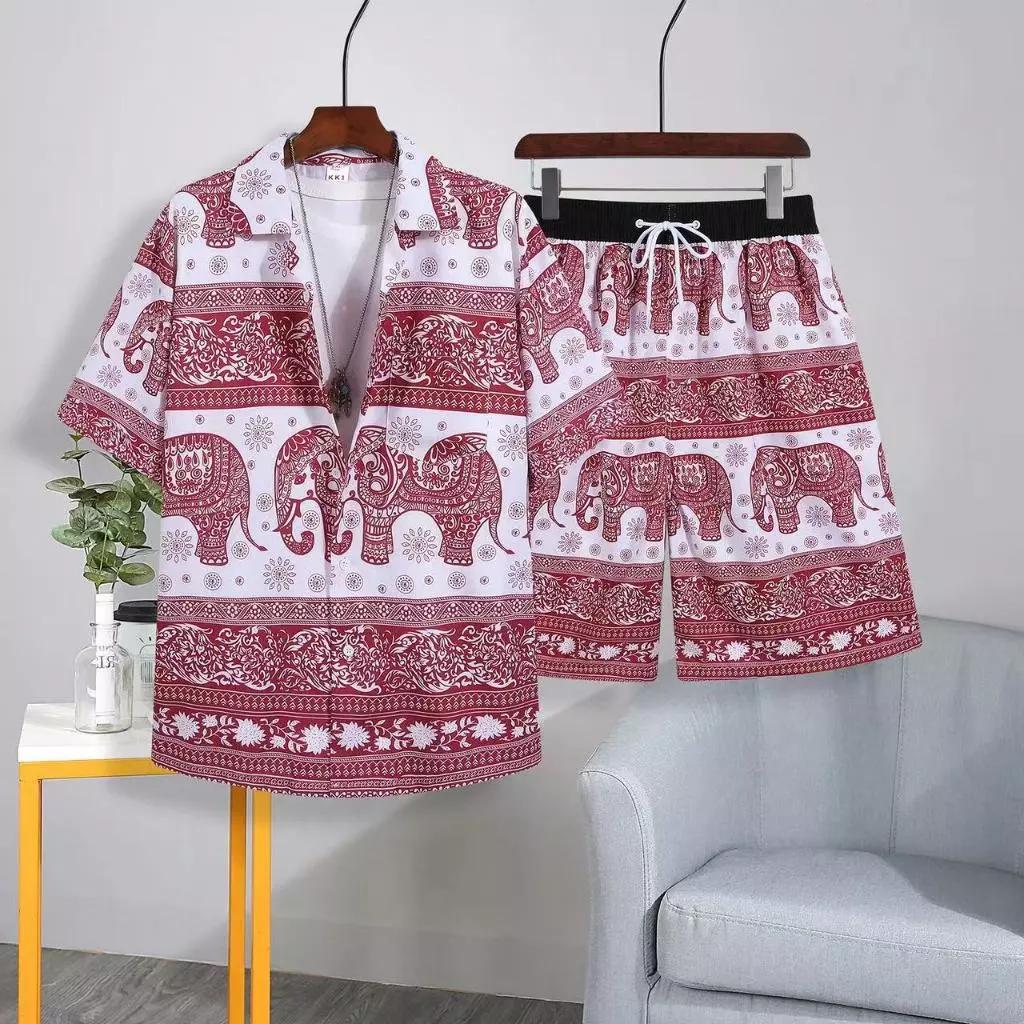 Elephant Pants Shorts Shirt Set V-neck Adjustable Elastic Waist Strap Women Men Unisex Print Thailand Casual Beach Summer Bohemian Retro Vintage