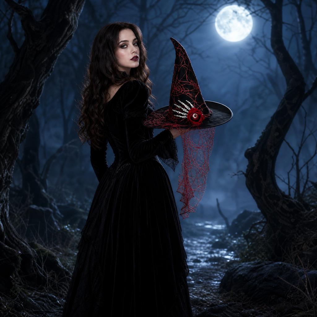 Women's Halloween Witch Hat with Red Mesh, Skeleton Hand and Rose Decoration for Costume Accessory