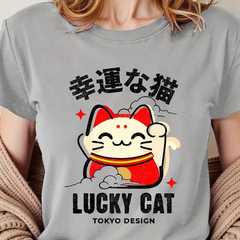 Women's Summer T-Shirt Lucky Cat Short-Sleeve Top Three-Color Cat Print Round Neck Sporty Casual Versatile T-Shirt Womens Lucky Outfit Top Party Gift