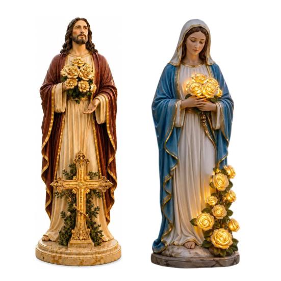 Blessed Mother Garden Light Statue with Flower USB Lamp Ornament Weather-Resistant Glowing Rose Decorative Lamp for Outdoor