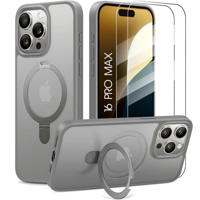Coque de protection - BOOLING - pour iPhone 16 Pro Max - Antichoc - Support magnétique - Gris