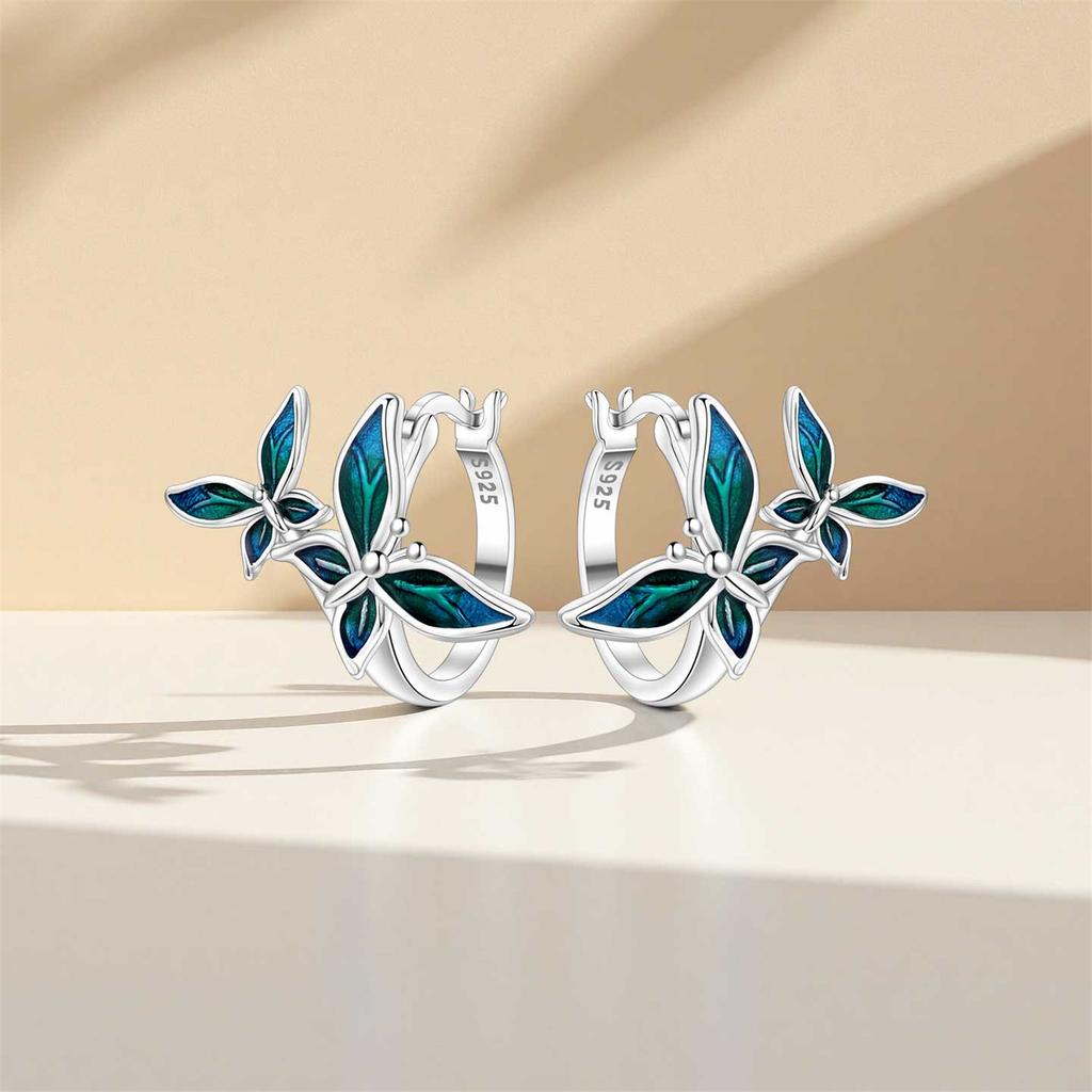 S925 Sterling Silver Blue Green Butterfly Insects Earrings Hoop Earrings Women Jewelry Original Trendy Anniversary Gift