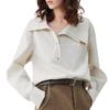 [ELLE] Women's Blouse, Striped, Asymmetrical, Placket, Cotton Blend, H-line, Curved Hem, Leather Tag, Long Sleeve Shirt Top, Brown, Sizes S, M, L