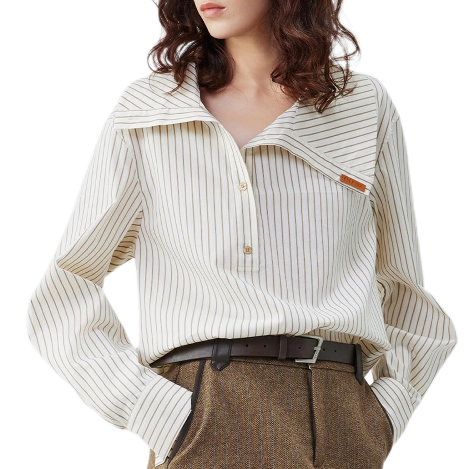 [ELLE] Women s Blouse, Striped, Asymmetrical, Placket, Cotton Blend, H-line, Curved Hem, Leather Tag, Long Sleeve Shirt Top, Brown, Sizes S, M, L