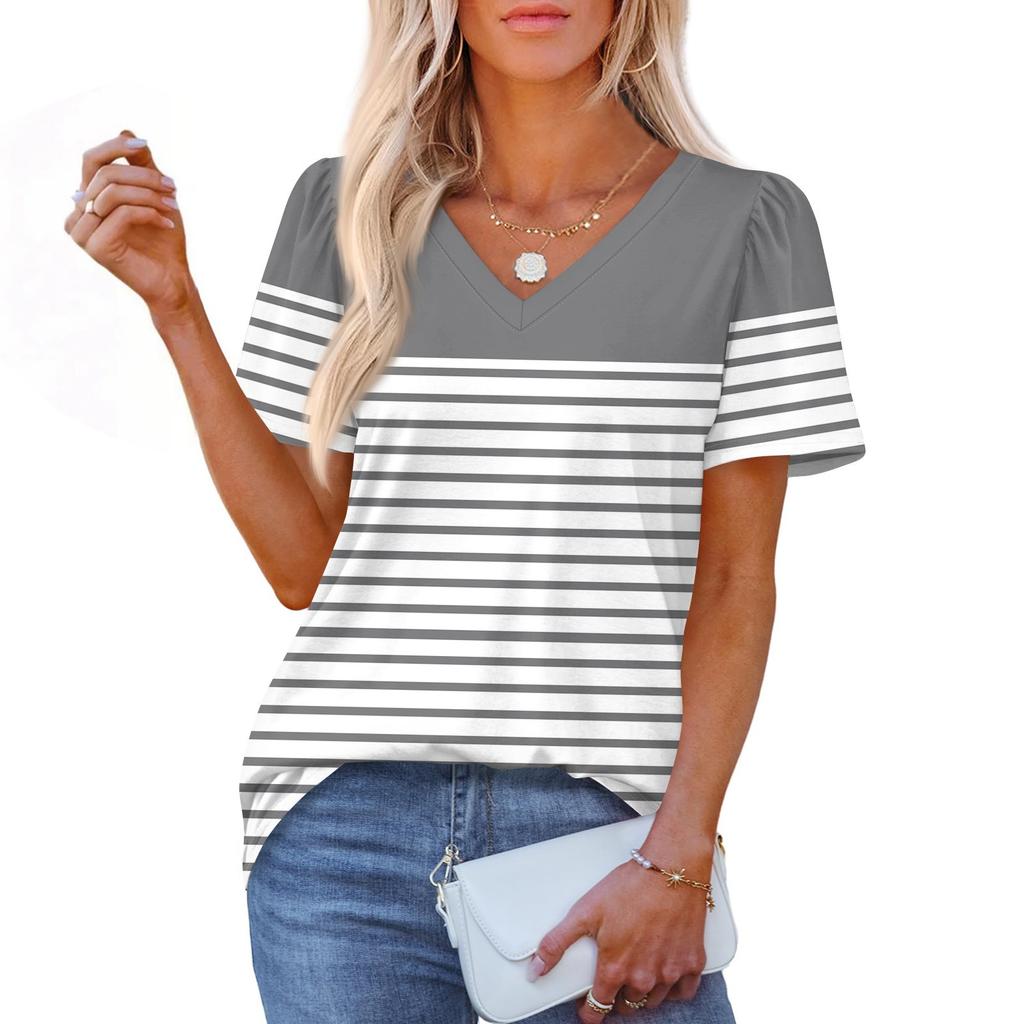 Women's Fashionable Casual Short Sleeve Print V-Neck Pullover Top