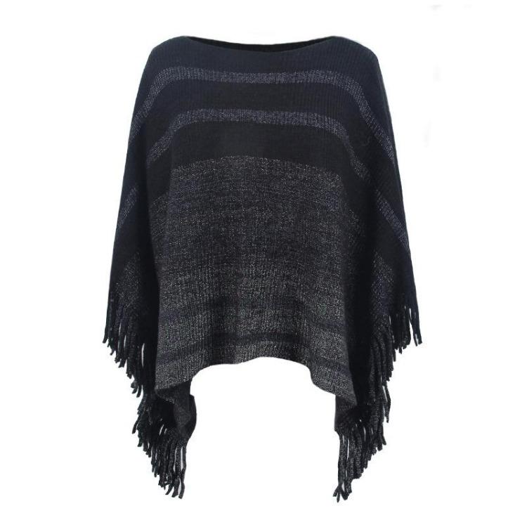 Women Autumn Winter Loose Knitwear Sweater O Neck Bat Sleeve Stripe Cardigan Cross Border Cloak