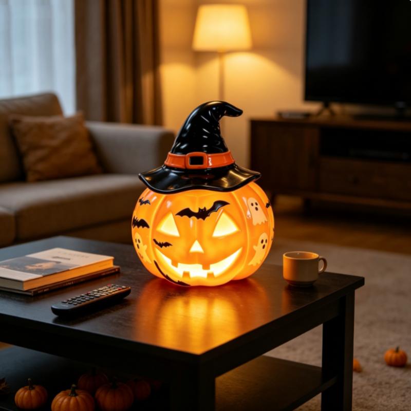 Halloween Resin Table Lamp Handcrafted Gothic Pumpkin & Wizard Hat Night Light USB Powered Warm Amber Light Home Decoration