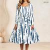 Plus Size Women Square Neck Long Sleeve Blue White Printed A Line Dress With Belt