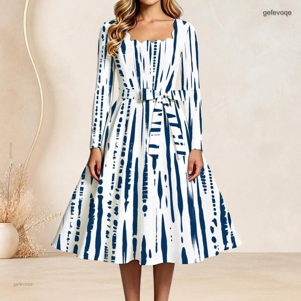 Plus Size Women Square Neck Long Sleeve Blue White Printed A Line Dress With Belt