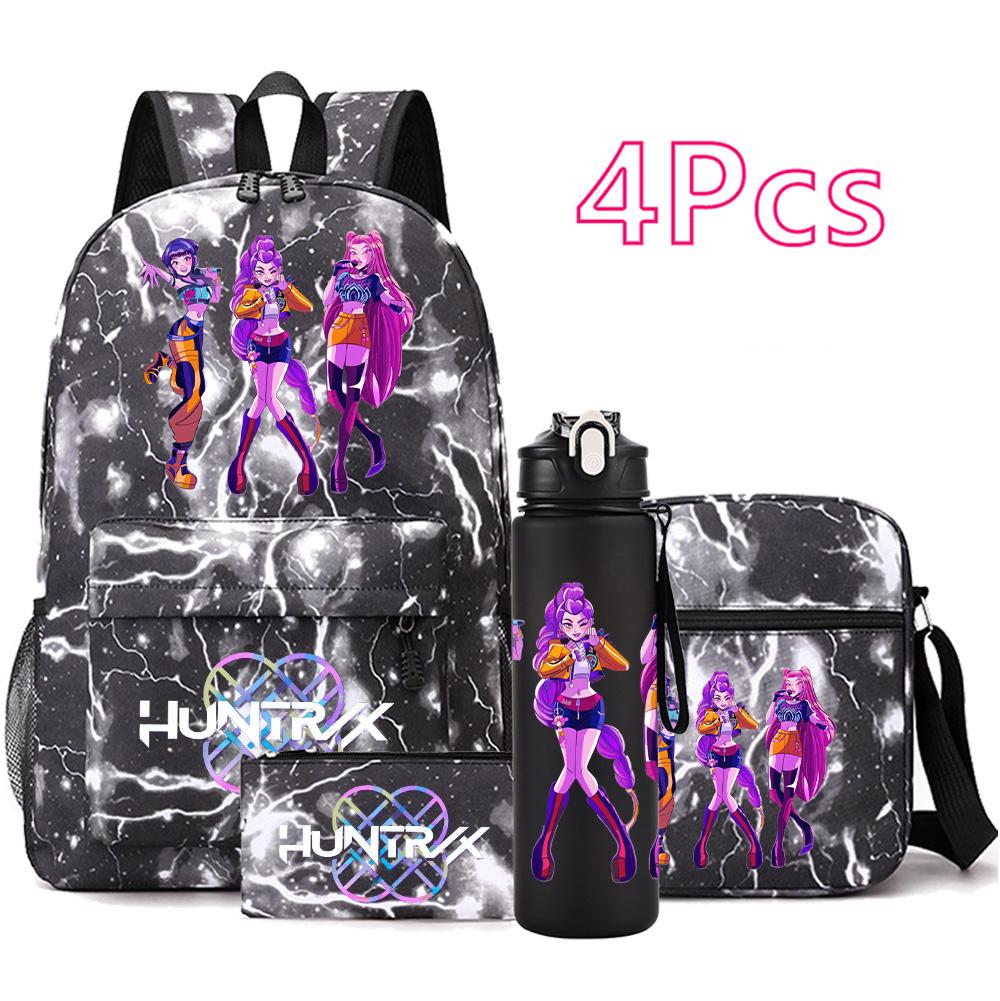4Pcs/set Anime Cute KPop Printed Backpack with 750Ml Water Bottler for Teenager Student Girl Boy Bookbag Kid Gift Large Capacity Waterproof Travel Bag
