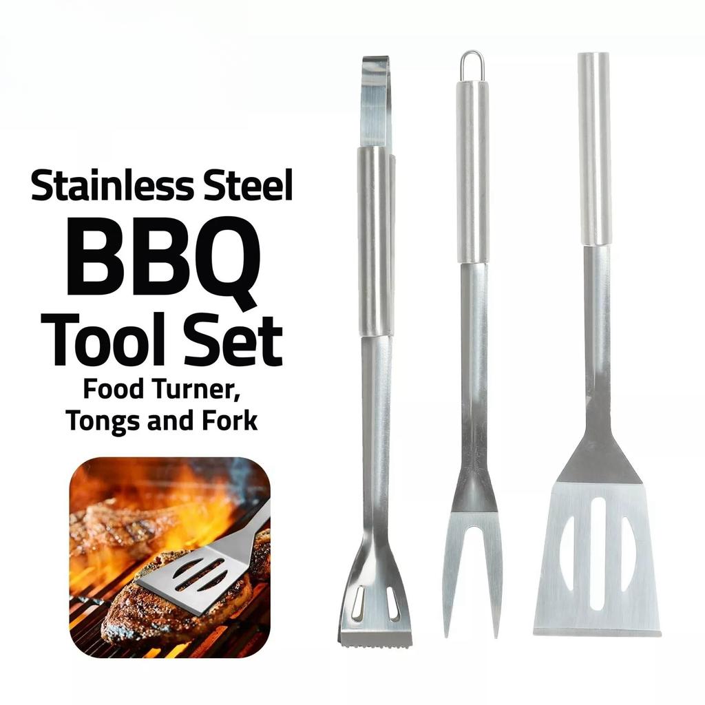 BBQ Tool Set Stainless Steel 3PC Premium Barbecue Utensils Food Turner Tong Fork