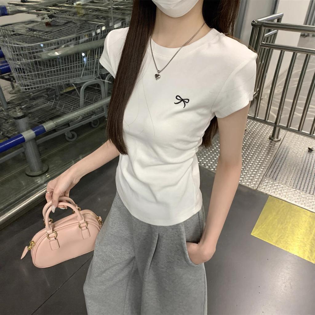 Korean Bow Embroidered Round Neck Short-sleeved T-shirt Summer New Slim-fitting and Thin Versatile Pleated Top Women