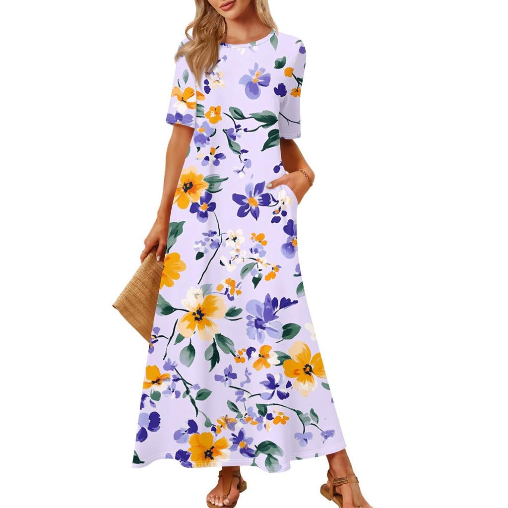 Dames Modieuze En Casual Lange Strandrok Ronde Hals Korte Mouwen Losse Retro Print Jurk