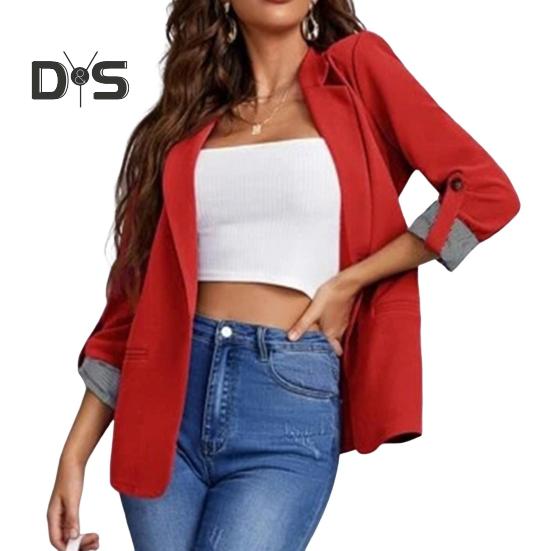 Women Suit Coat Lapel Roll-up Long Sleeve Solid Color Suit Jacket Single Button Loose Fit Spring Autumn Business Outerwear
