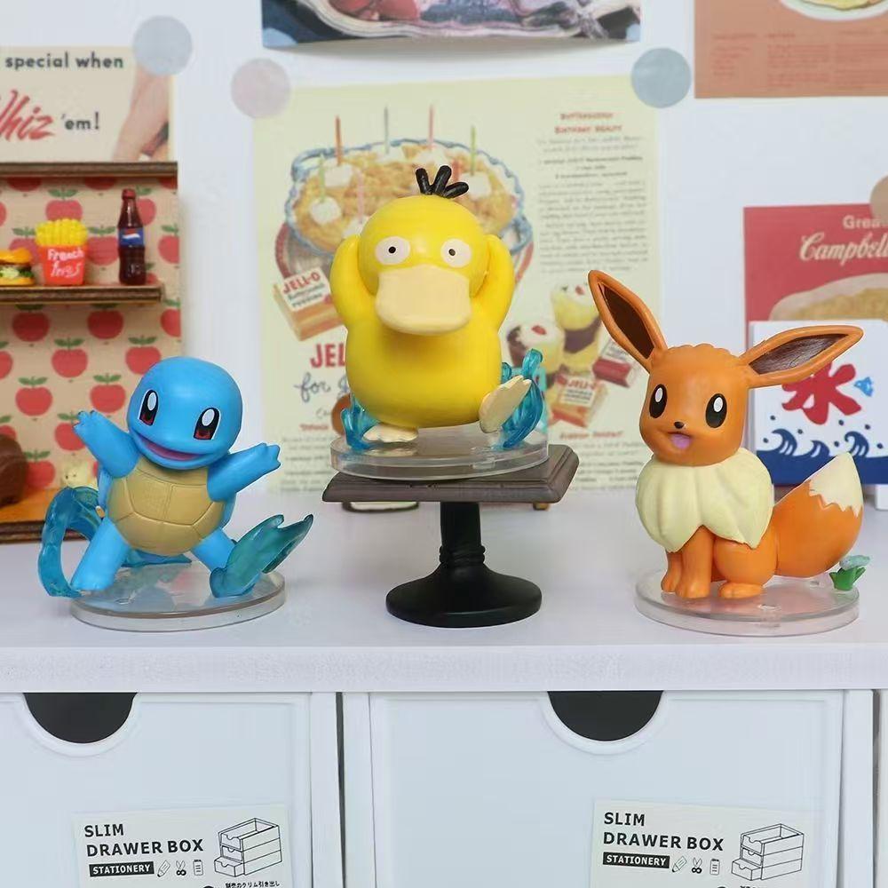 6Pcs Anime  Scene Elf Cute Pikachu Eevee Psyduck Charmander Squirtle Bulbasaur Model Car Decoration Figure Doll Toys Gift