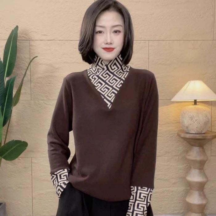 Double-sided German velvet semi-turtleneck bottoming shirt winter new inner warm versatile splicing design T-shirt women