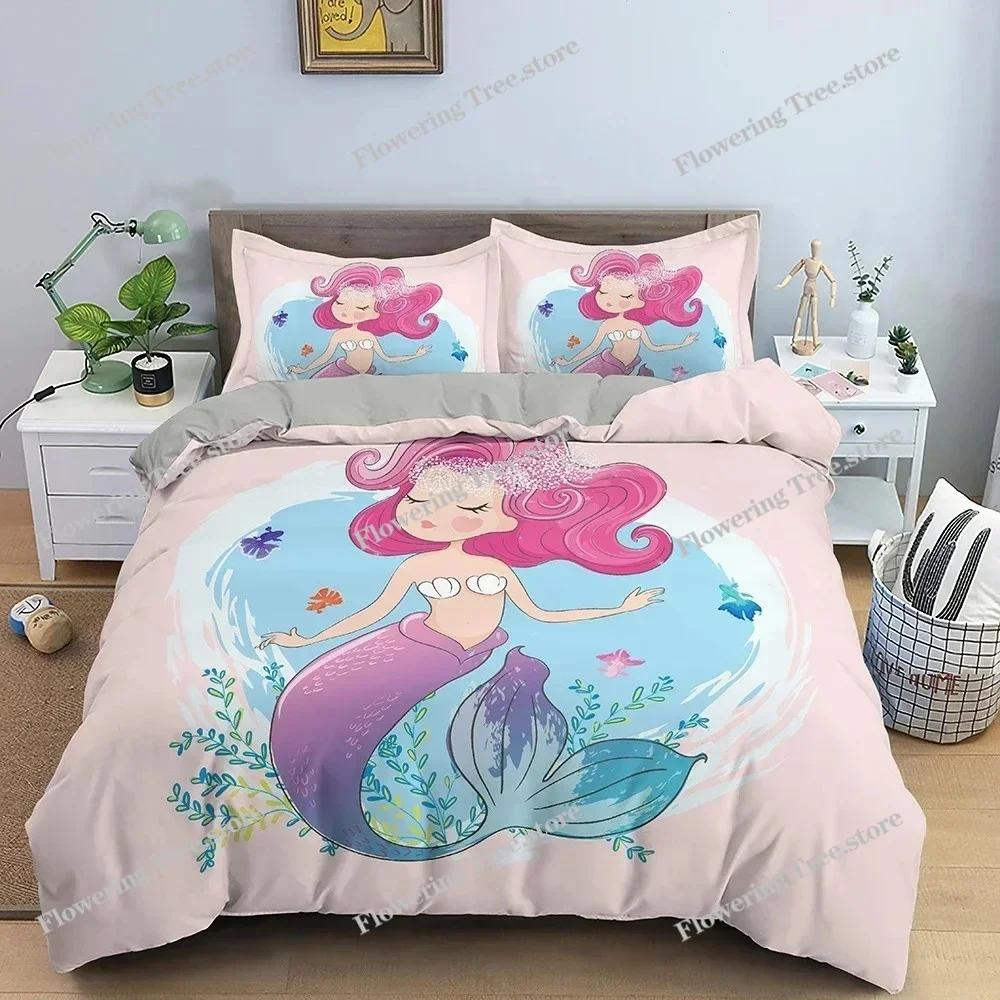 Set copripiumino con motivo a sirena dei cartoni animati, set di biancheria da letto per bambini, decorazione per camera da letto, trapunta, copripiumino, king size, singolo, singolo