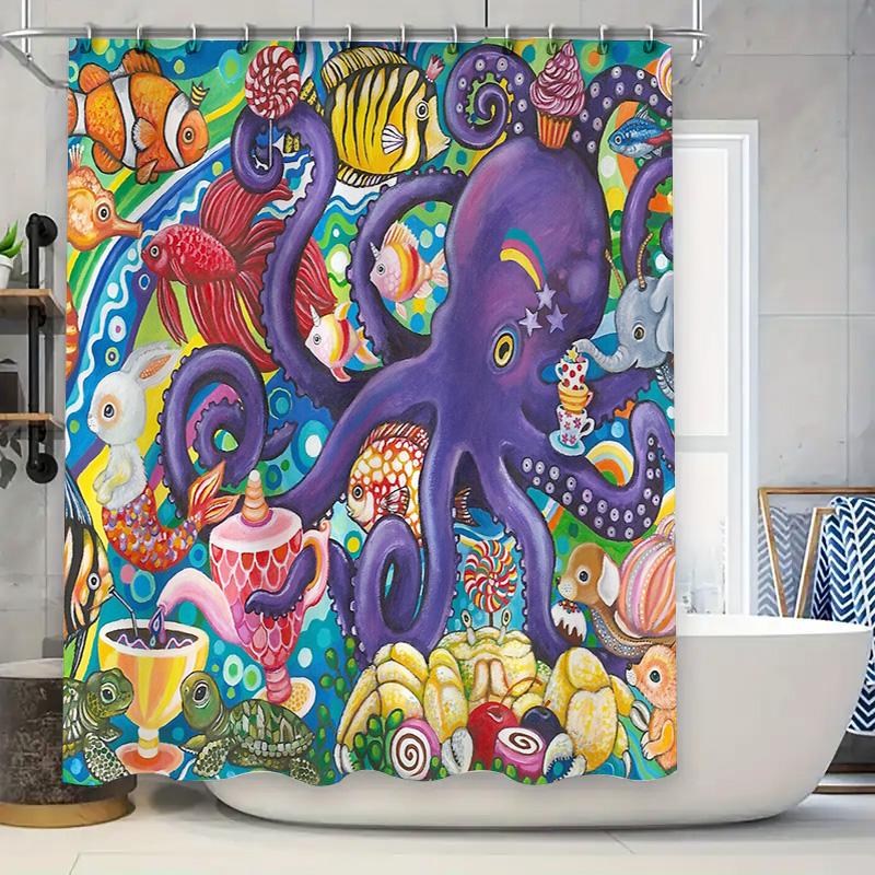 

Ocean Theme Shower Curtain Blue Sea Life Decor Bathroom Fabric Waterproof Backdrop Coastal Home Decor Nautical Art W60H190(CM)-1 Pcs