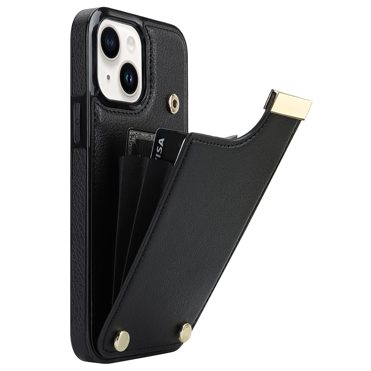 

Phone Cover for iPhone 14 Slim-Fit Case TPU+PU Leather+Metal Shell with Card Holder Black
