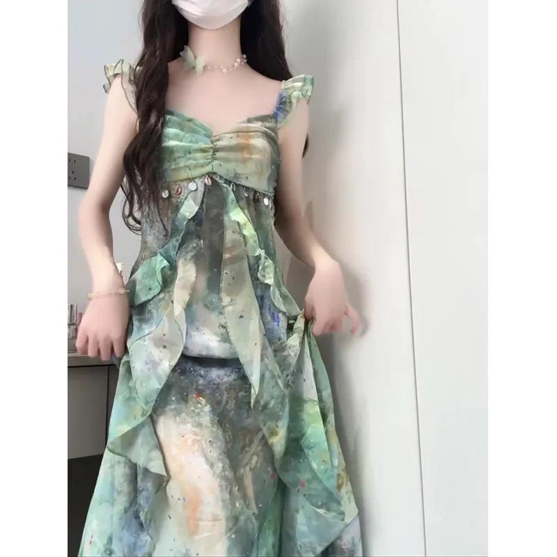 Šaty na šle s rozmazaným olejovým potiskem ve vintage stylu - Dámská letní volánová úzká dlouhá sukně