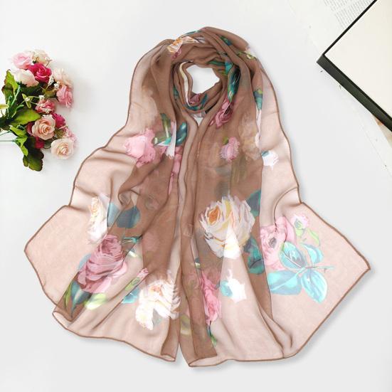 Women Faux Silk Scarf Flower Print Long Soft Scarf Sun Protection Beach Travel Outdoor Lightweight Shawl