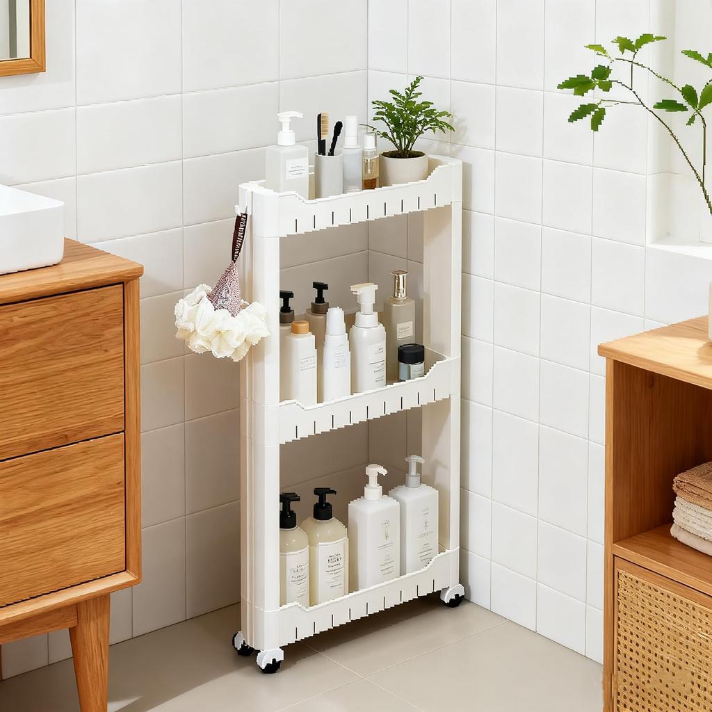 Aissiora Narrow Storage Wagon, 3-Tier, 7cm Ultra-Thin Design, Slim Rack, Adjustable Shelves, Bottle Rack, 360° Silent Casters, Sturdy, Lightweight, Ea
