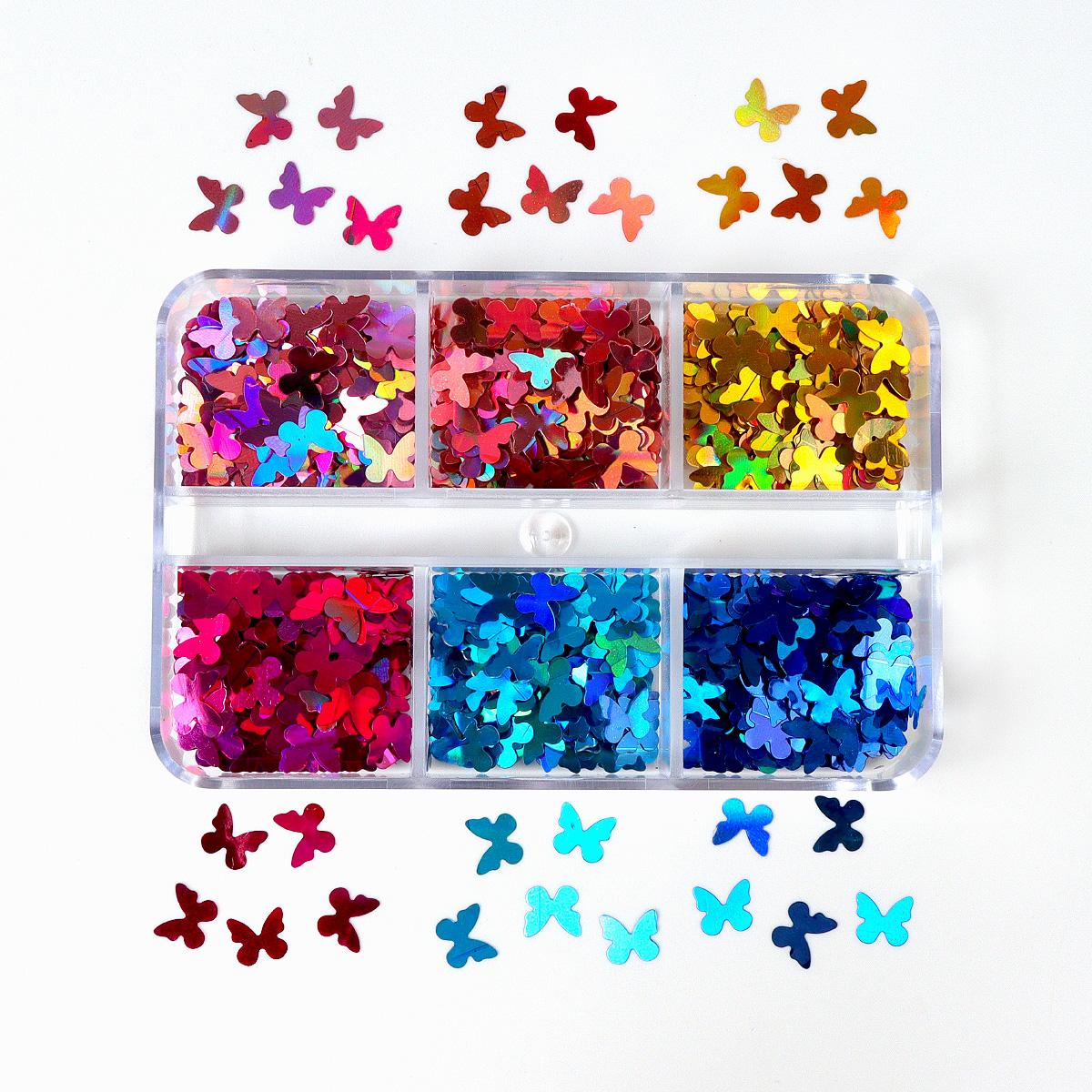 

1 коробка, голографические блестки для ногтей с бабочками, блестящие серебряные хлопья, дизайн для маникюра, летние аксессуары для украшения ногтей