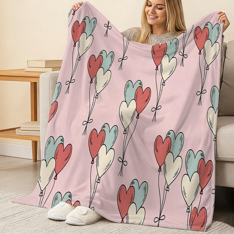 Thick Warm Flannel Throw Blanket - Soft Cozy Skin-friendly Heart Balloon Pattern, Ideal for Guest Room Single, Home Decor, Christmas & Halloween