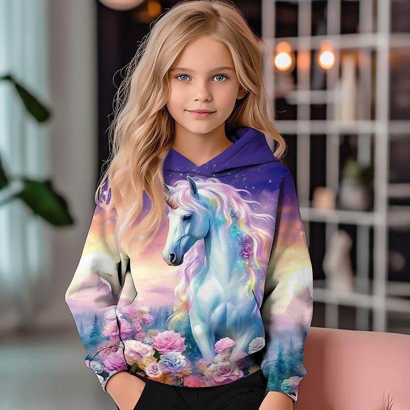 Girls' 3D Unicorn Hoodie Pullover Long Sleeve 3D Print Fall Winter Active Fashion Cute Polyester Kids 3-12 Years