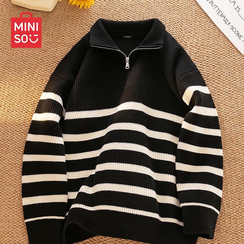 MINISO Men's Japanese Style Half-Zip Stand Collar Loose Knit Sweater