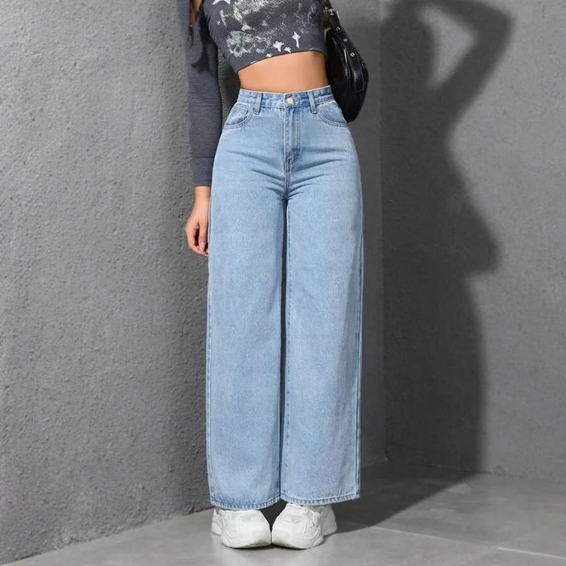 

Retro Loose Wide Leg Jeans Fashion Women Solid Straight Wash High Elastic Waist Denim Pants Casual Streetwear Pocket Trousers 5XL світло-синій колір