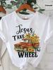 2025 Christmas Gift T-Shirt, Women's Casual Jesus Takes the Wheel Truck Sunflower 2D Flat Print T-Sh