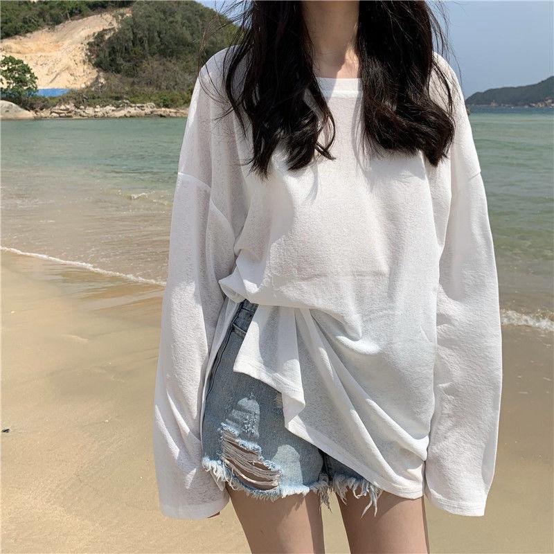 

Топ с защитой от солнца женский с длинным рукавом летний тонкий корейский свободный средней длины белый с разрезом футболка из ледяного шелка 2XL белый