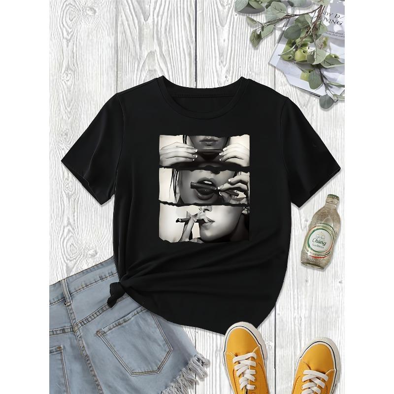 Women's Shirt  Round Neck, Machine Washable, All-Season Comfort Fit, Cute T Shirts, Comfortable Clothing, Abstract Portrait, Mediumstretch Fabric