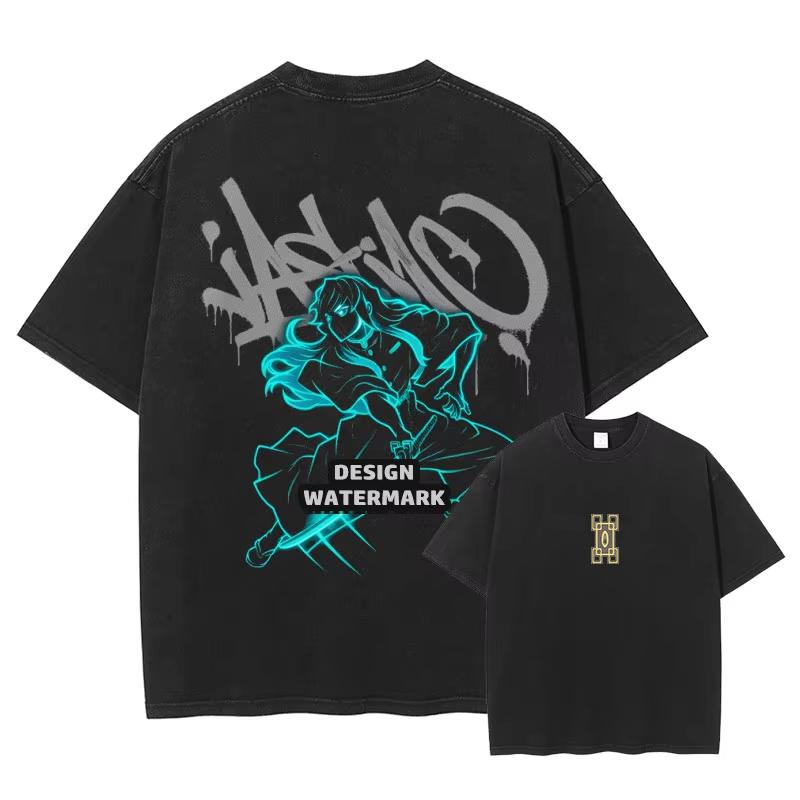 Japanese Anime Demon Slayer Pattern Washed Tshirt for Unisex and Women with Printed Pattern Unisexs Anime Fan Tshirt