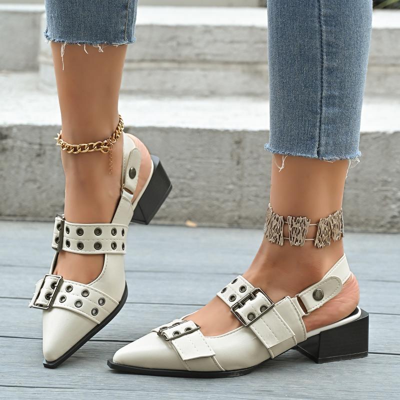 Fashion Punk Metal Buckle Decoration Sandals Women Neutral Pointed Toe Back Trap Shoes Women Brand Design Square Medium Heels Sandals