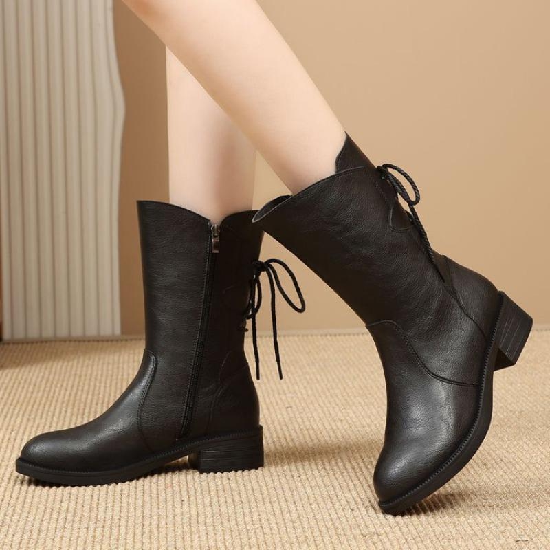 Medium Boots Women's Leather Boots Soft-soled Velvet Winter New Martin Boots Medium Heel Non-slip Thick Heel Boots