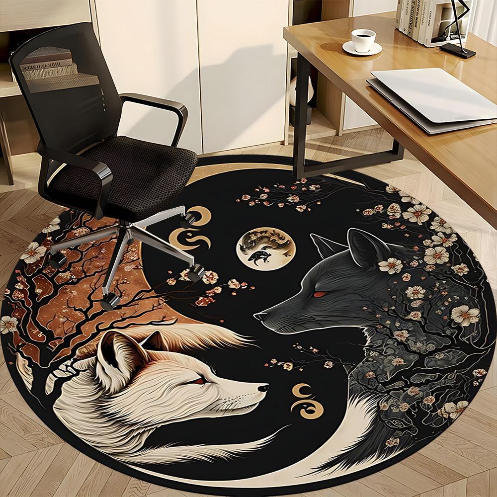 1pc Wolf Moon Office Round Area Rug, Under Office Chairs Bedroom Living Room Home Decor, Room Deco