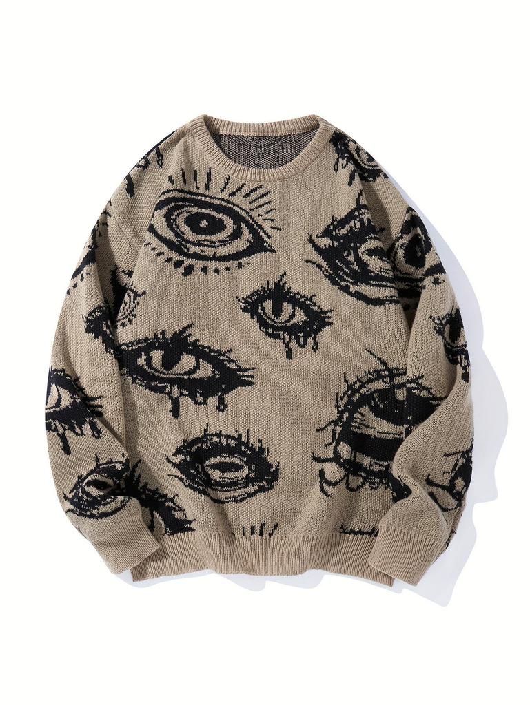 Men's Trendy Dark Style Eye Pattern Knit Sweater - European/American Streetwear, Autumn/Winter Collection