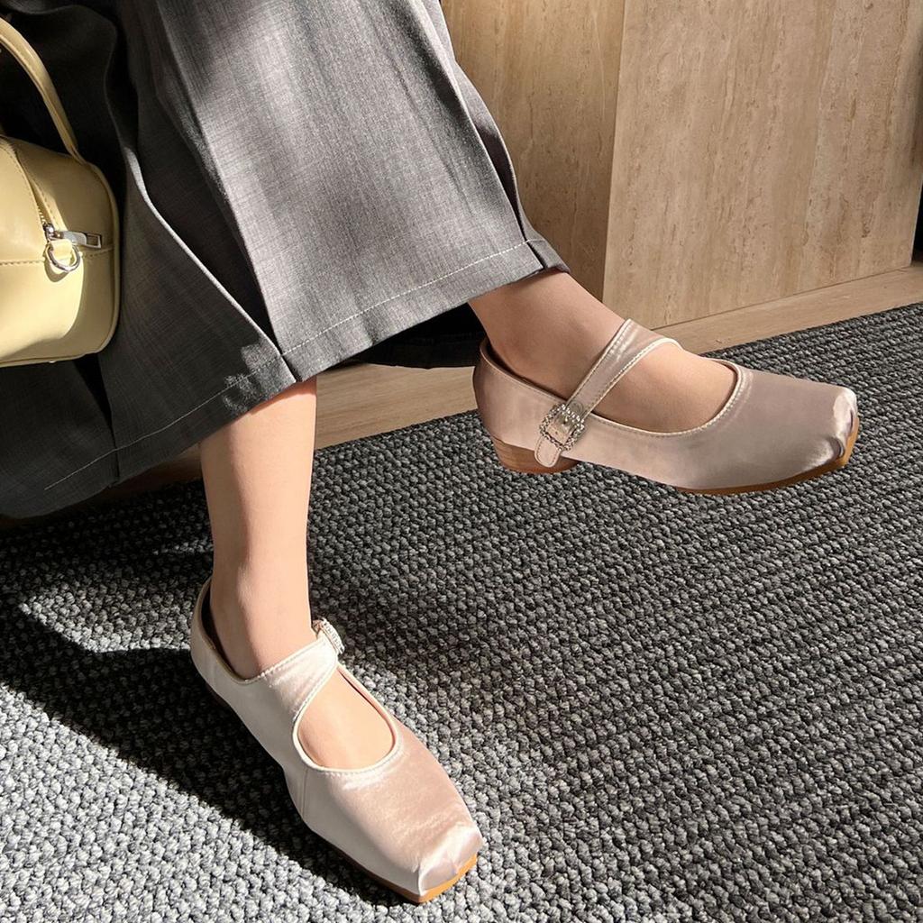 Fashion IPPEUM Satin Pink Ballerinas Zapatos Mujer Square Toe Mary Janes Shoes Pumps Ballet Flats Women