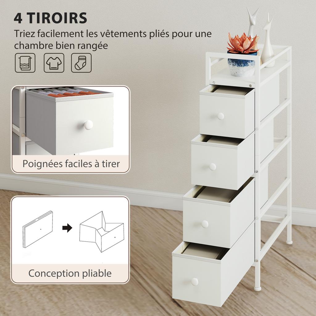 4-Drawer Foldable Fabric Dresser, Narrow Storage Cabinet, Modern Style, Steel Frame, 20 x 43 x 81.5 cm White