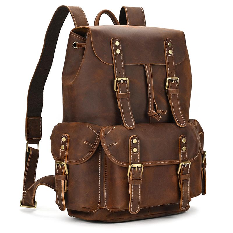 High Fashion Men's Leather Backpack Genuine Leather Male Laptop Backpack 15 16 17.3 Inch Bagpack Travel Bag Vintage Man Backpack
