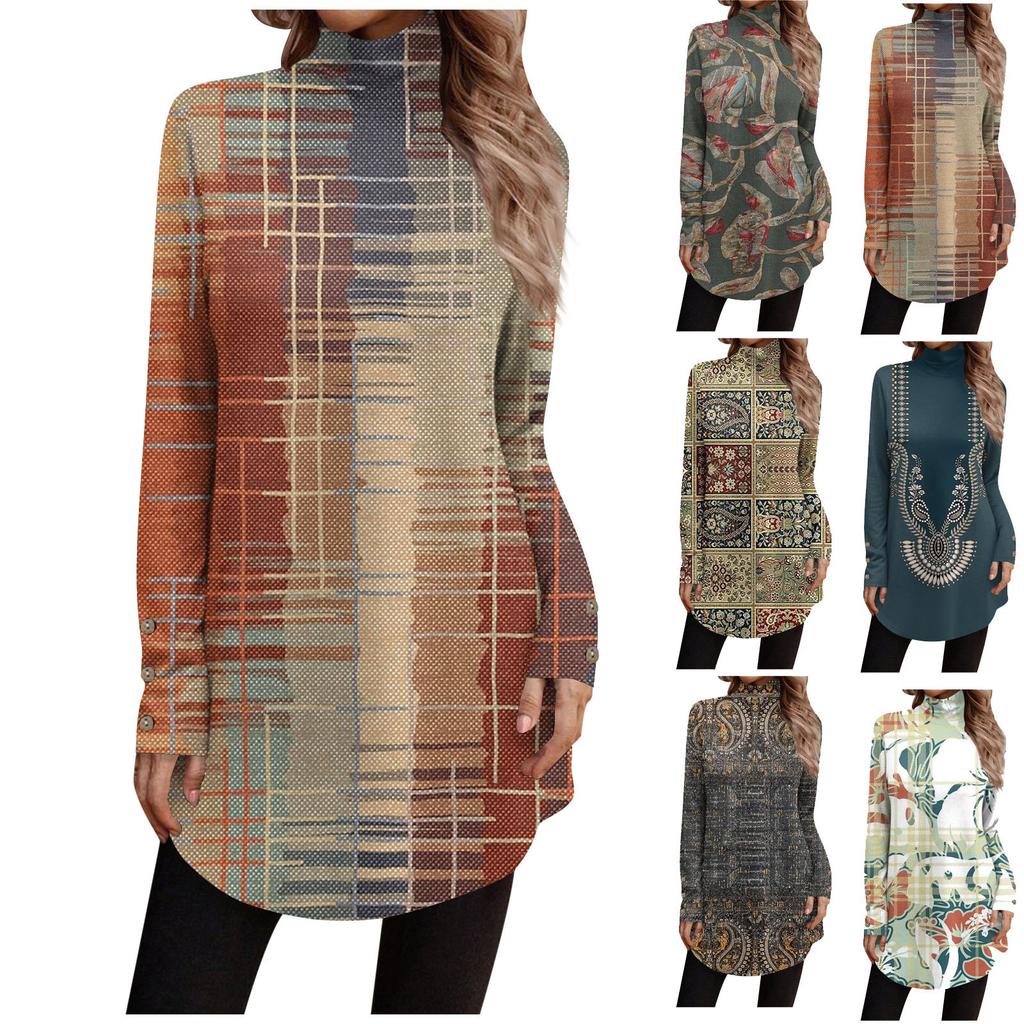 Women's Casual Fashion High Neck Button-Down Retro Print Long Sleeve Top