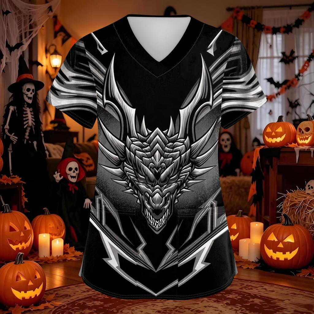 Women's Halloween Print Scrub Top V-Neck with Pockets Comfortable Fit for Work and Costume