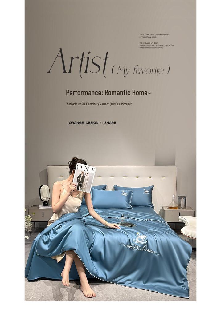 Embroidery Ice Silk Summer Quilt Set, Machine Washable, Luxury Bedding, Solid Color, Home Gift