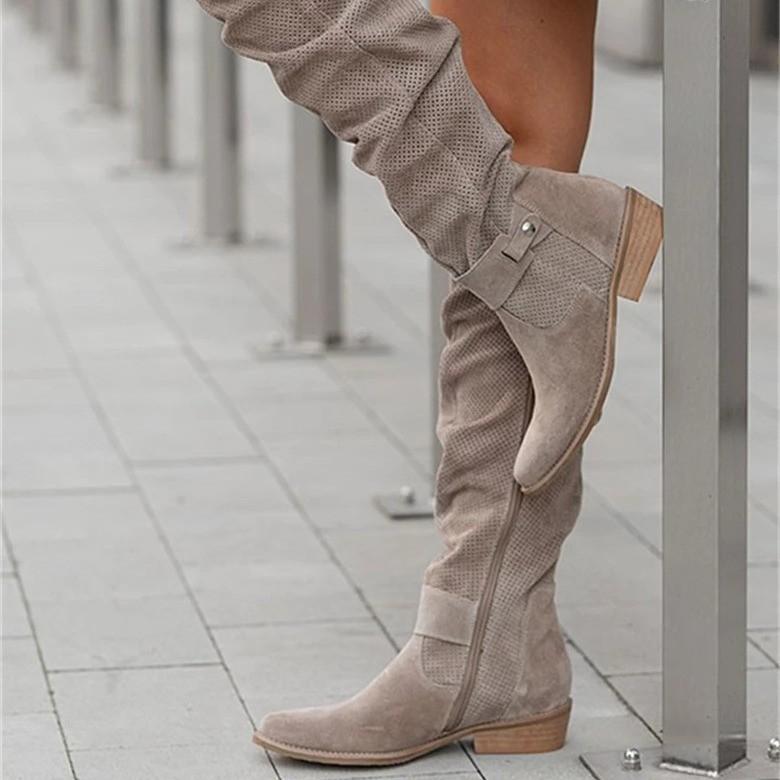 Fashion Girls Solid Suede Button Zipper Side Leisure Chunky Knee High Boots Woman Casual Long Botas Shoes